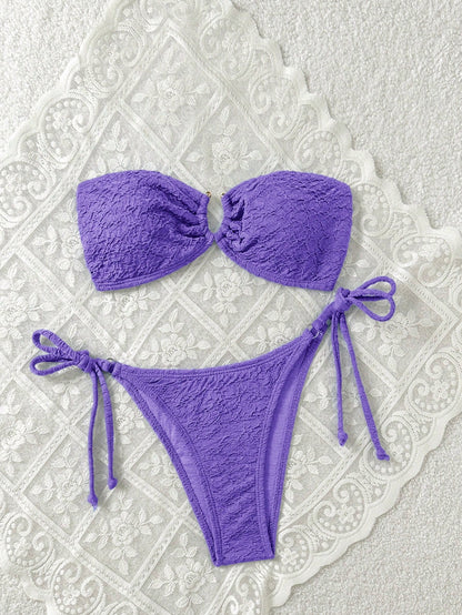 Swim Mod Women's Summer Beach Solid Color Bandeau Tie Sexy Bikini Swimwear Set