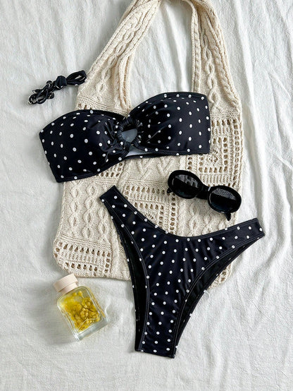 Swim Mod Women's Summer Black & White Dot Print Tight Sexy Beach 2 Pieces Bikini Swimwear