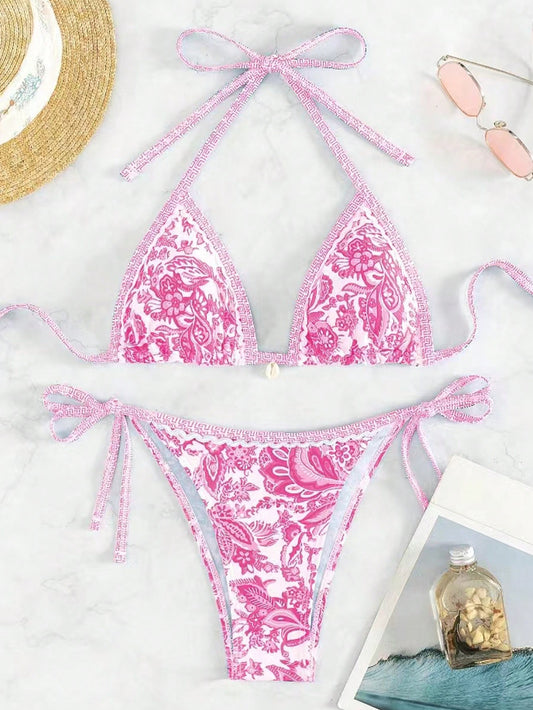 Swim Mod Women Summer Beach Floral Print Halter Neck Bikini Set