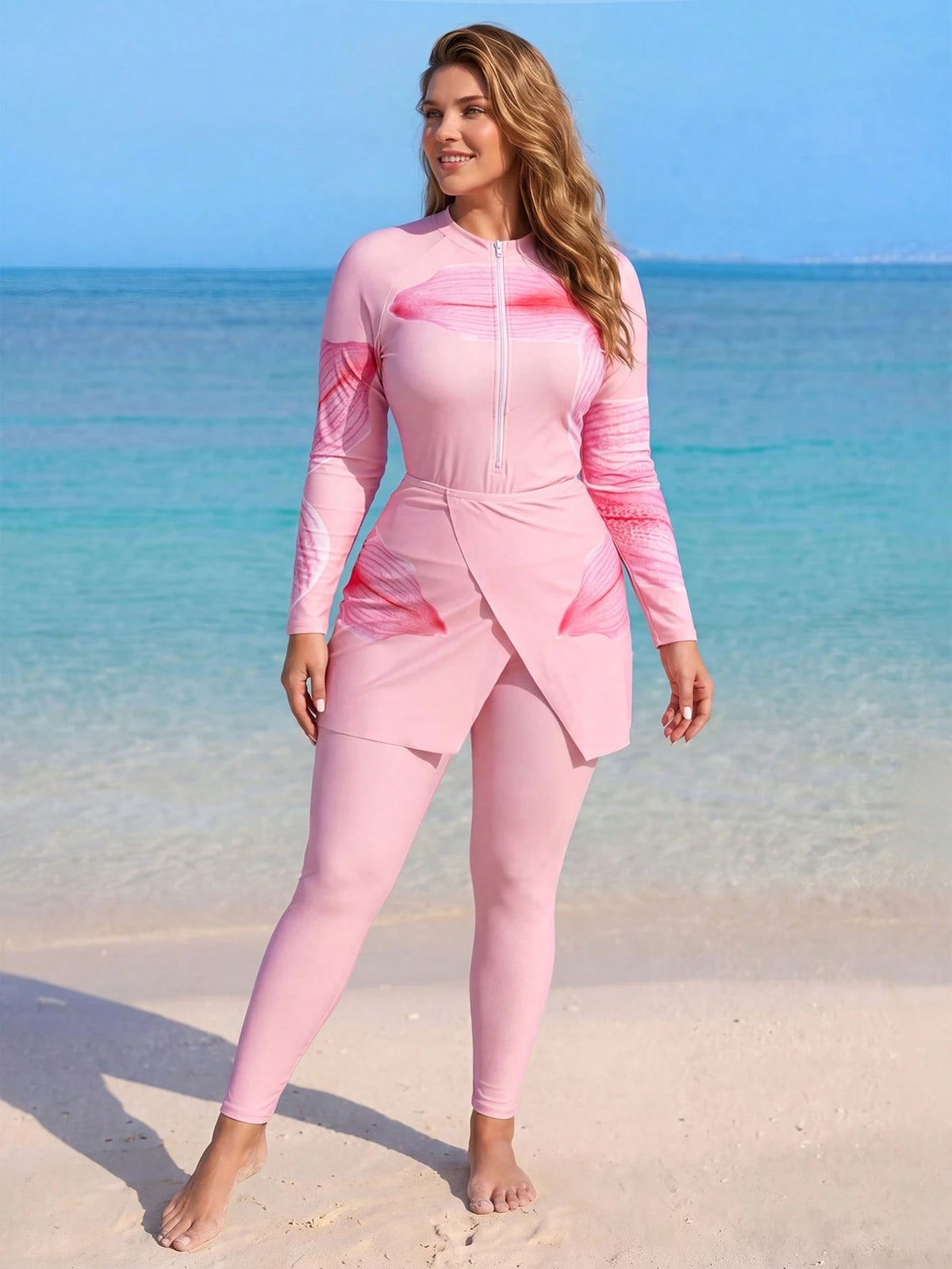 Swim Mulvari 2026 Spring/Summer Plus Size Women's Fashion Vacation Pink Floral Digital Print Zipper Tankini Swimwear Set, Beach Outfit
