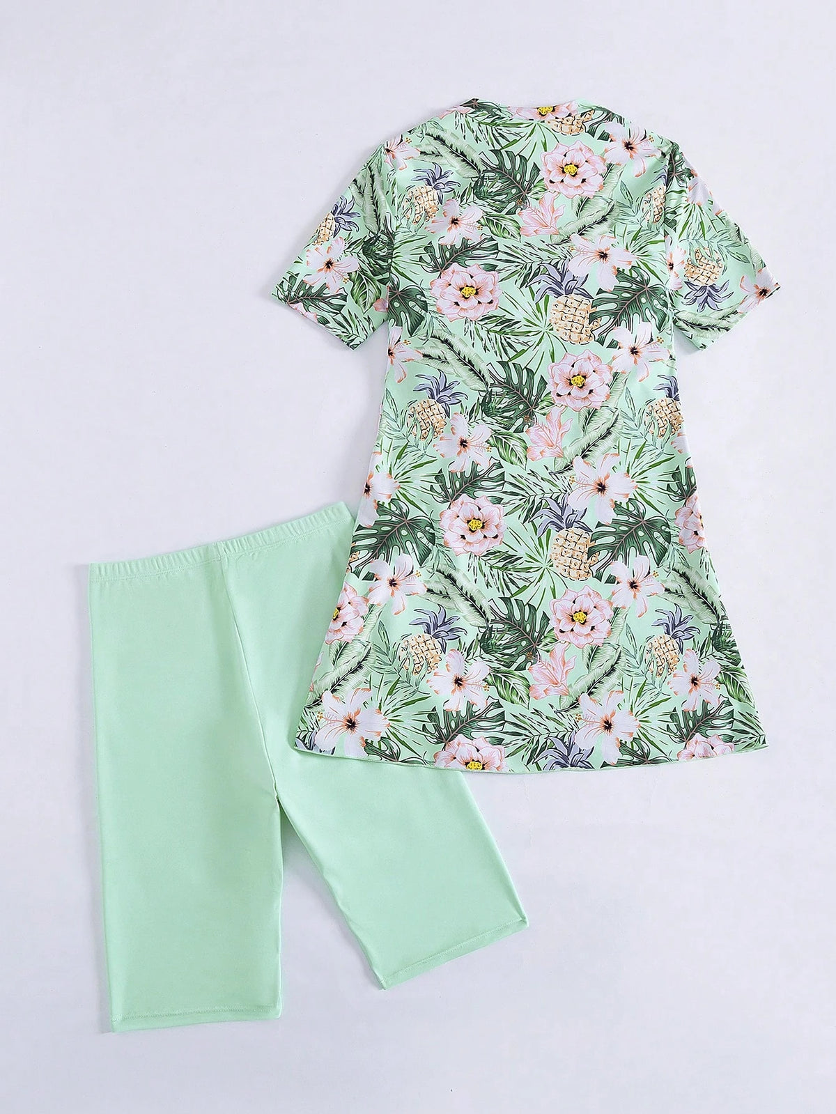 Swim Mulvari 2pcs Spring/Summer New Tropical Plant Floral Print Drawstring Swimsuit, Including Sleeveless Tank Top And Shorts, Women Beach Vacation Bikini Set