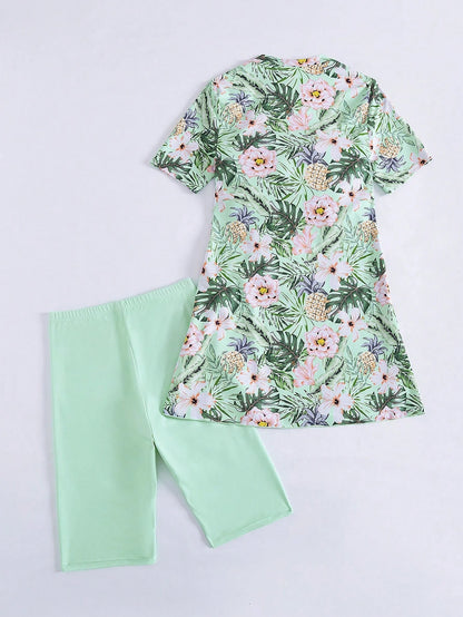 Swim Mulvari 2pcs Spring/Summer New Tropical Plant Floral Print Drawstring Swimsuit, Including Sleeveless Tank Top And Shorts, Women Beach Vacation Bikini Set
