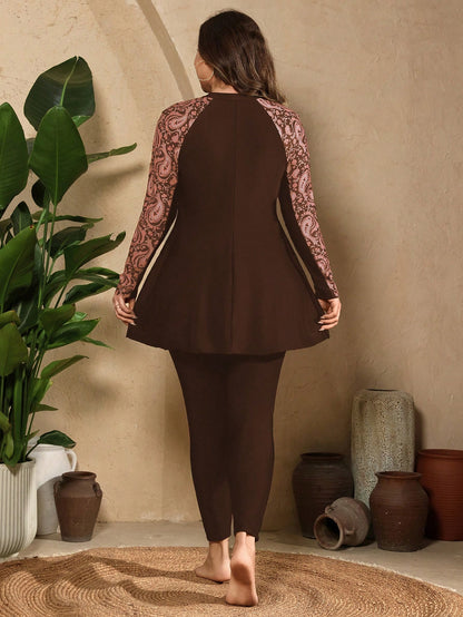 Swim Mulvari Plus Size Women 2-Piece Brown Zipper Front Long Sleeve Rash Guard Pants Swimwear Set Beach Vacation Vacation Summer 1920s Elegant Gym