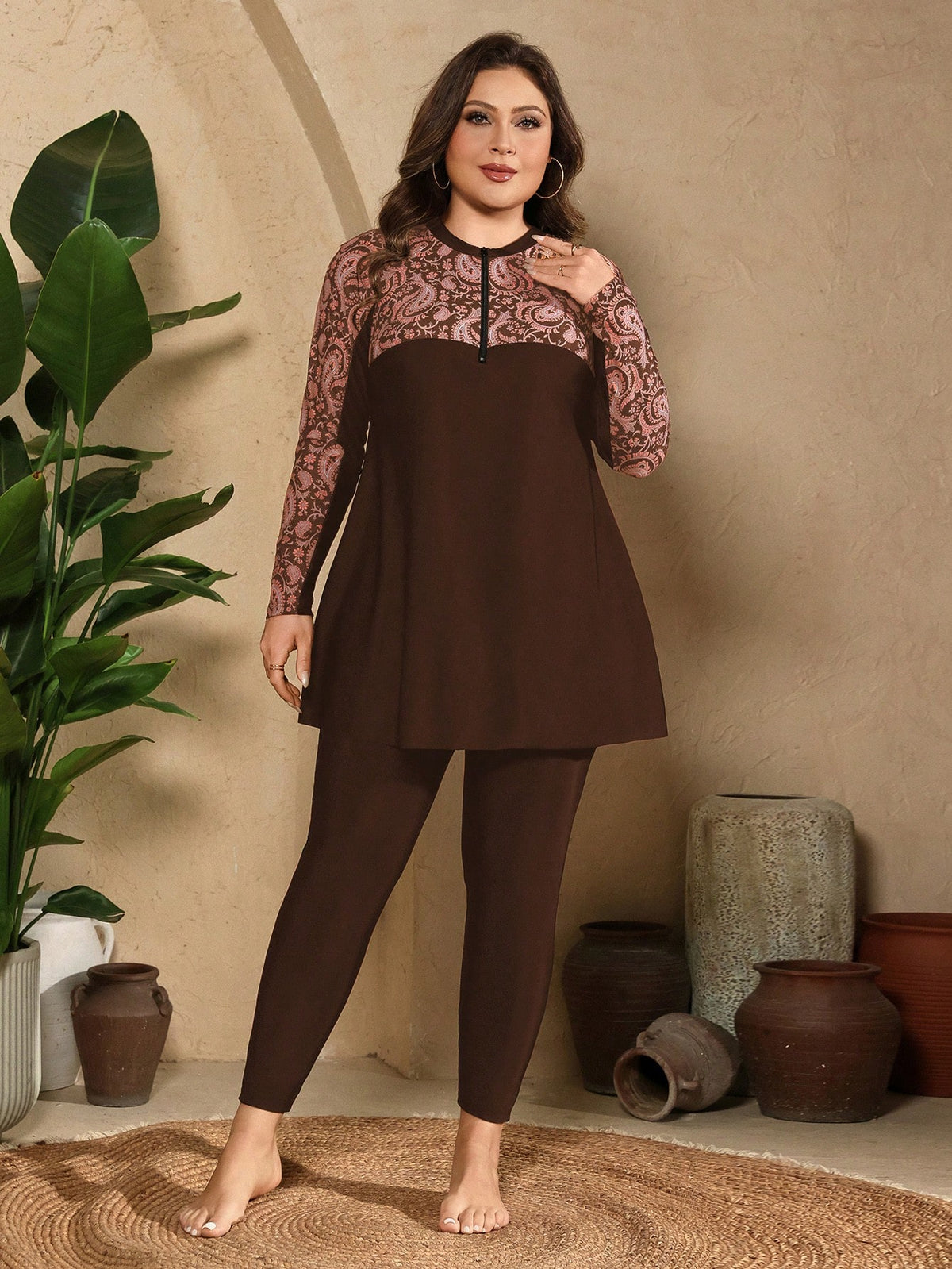 Swim Mulvari Plus Size Women 2-Piece Brown Zipper Front Long Sleeve Rash Guard Pants Swimwear Set Beach Vacation Vacation Summer 1920s Elegant Gym