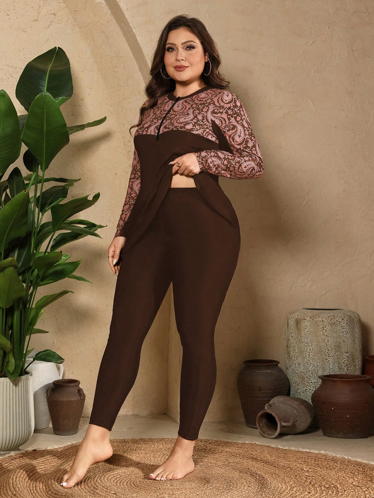 Swim Mulvari Plus Size Women 2-Piece Brown Zipper Front Long Sleeve Rash Guard Pants Swimwear Set Beach Vacation Vacation Summer 1920s Elegant Gym