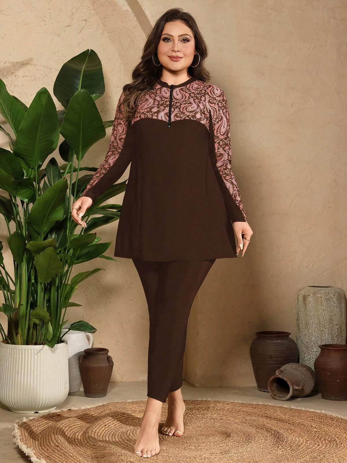 Swim Mulvari Plus Size Women 2-Piece Brown Zipper Front Long Sleeve Rash Guard Pants Swimwear Set Beach Vacation Vacation Summer 1920s Elegant Gym