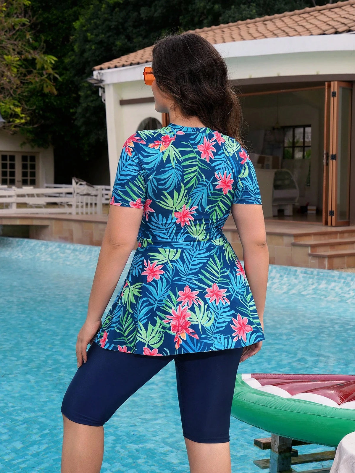 Swim Mulvari Plus Size Women 2 Pieces Random Printed Long Sleeve Top And Leggings Burkini Set, Modest Style For Beach, Pool, Holiday For Summer Beach Vacation