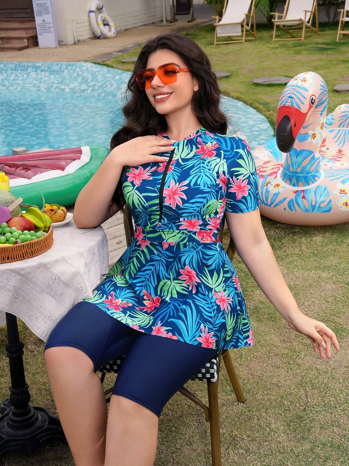 Swim Mulvari Plus Size Women 2 Pieces Random Printed Long Sleeve Top And Leggings Burkini Set, Modest Style For Beach, Pool, Holiday For Summer Beach Vacation