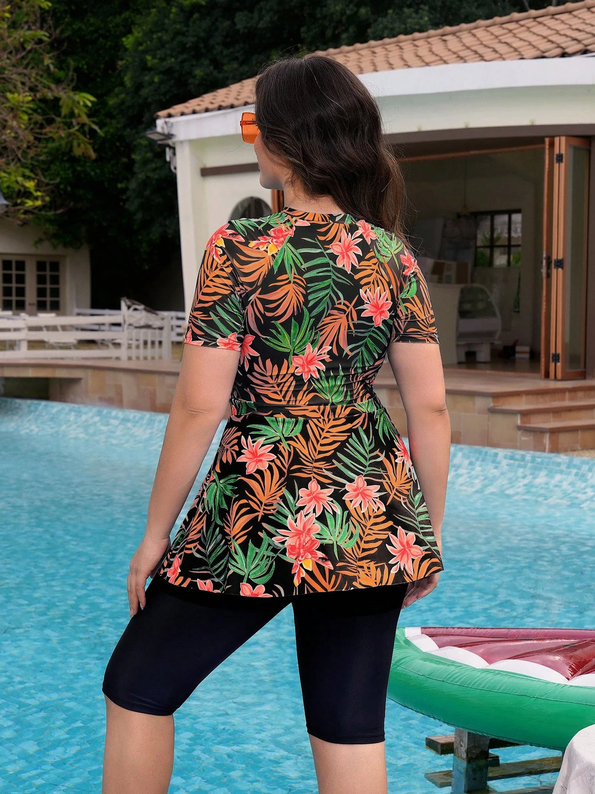 Swim Mulvari Plus Size Women 2 Pieces Random Printed Long Sleeve Top And Leggings Burkini Set, Modest Style For Beach, Pool, Holiday For Summer Beach Vacation