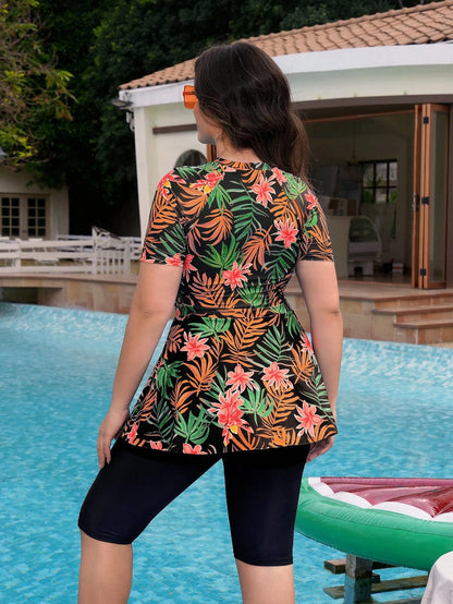 Swim Mulvari Plus Size Women 2 Pieces Random Printed Long Sleeve Top And Leggings Burkini Set, Modest Style For Beach, Pool, Holiday For Summer Beach Vacation