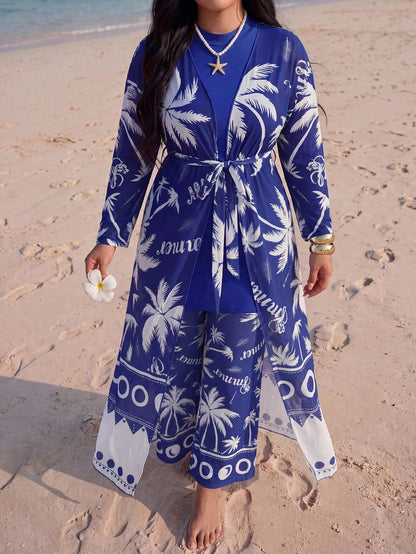Swim Mulvari Plus Size Women 3-Piece Set, Printed Loose Long Sleeve Slimming Tummy-Covering Solid Color Top With Printed Mesh Cover-Up And Loose Pants, Middle Eastern Conservative Burkini Swimsuit Set