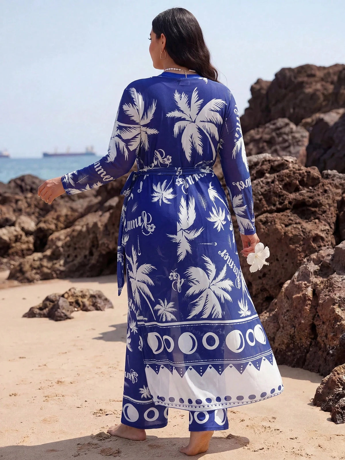 Swim Mulvari Plus Size Women 3-Piece Set, Printed Loose Long Sleeve Slimming Tummy-Covering Solid Color Top With Printed Mesh Cover-Up And Loose Pants, Middle Eastern Conservative Burkini Swimsuit Set