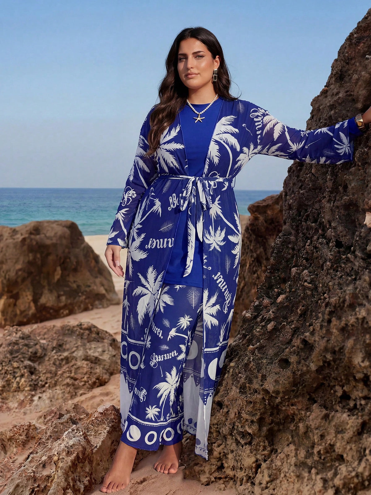 Swim Mulvari Plus Size Women 3-Piece Set, Printed Loose Long Sleeve Slimming Tummy-Covering Solid Color Top With Printed Mesh Cover-Up And Loose Pants, Middle Eastern Conservative Burkini Swimsuit Set