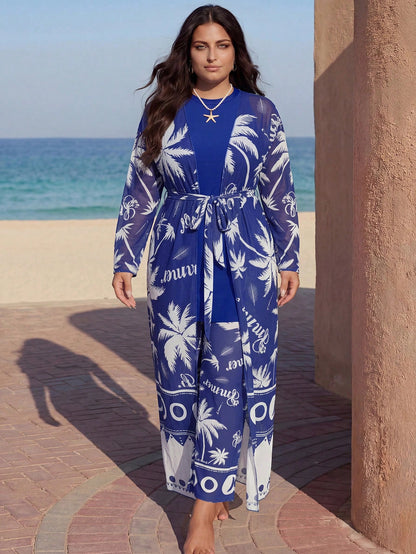 Swim Mulvari Plus Size Women 3-Piece Set, Printed Loose Long Sleeve Slimming Tummy-Covering Solid Color Top With Printed Mesh Cover-Up And Loose Pants, Middle Eastern Conservative Burkini Swimsuit Set