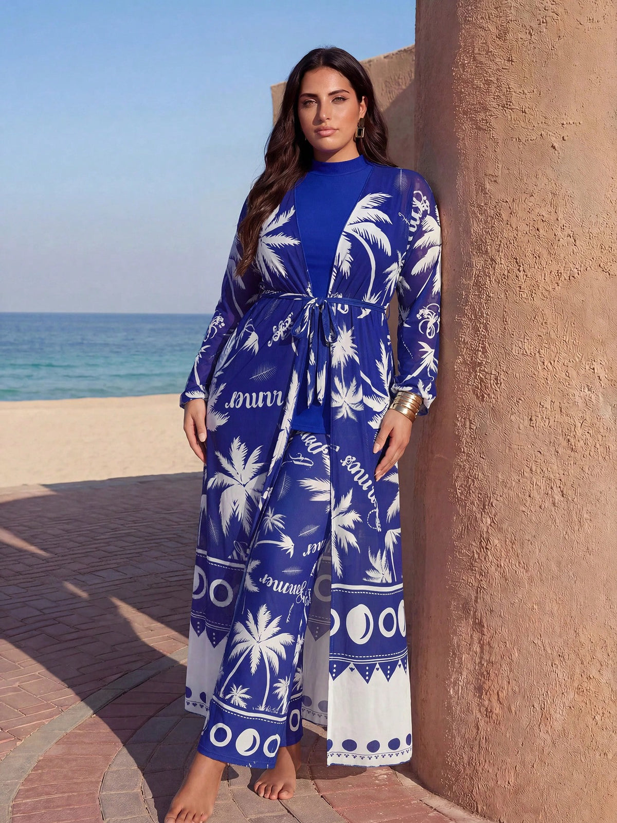 Swim Mulvari Plus Size Women 3-Piece Set, Printed Loose Long Sleeve Slimming Tummy-Covering Solid Color Top With Printed Mesh Cover-Up And Loose Pants, Middle Eastern Conservative Burkini Swimsuit Set