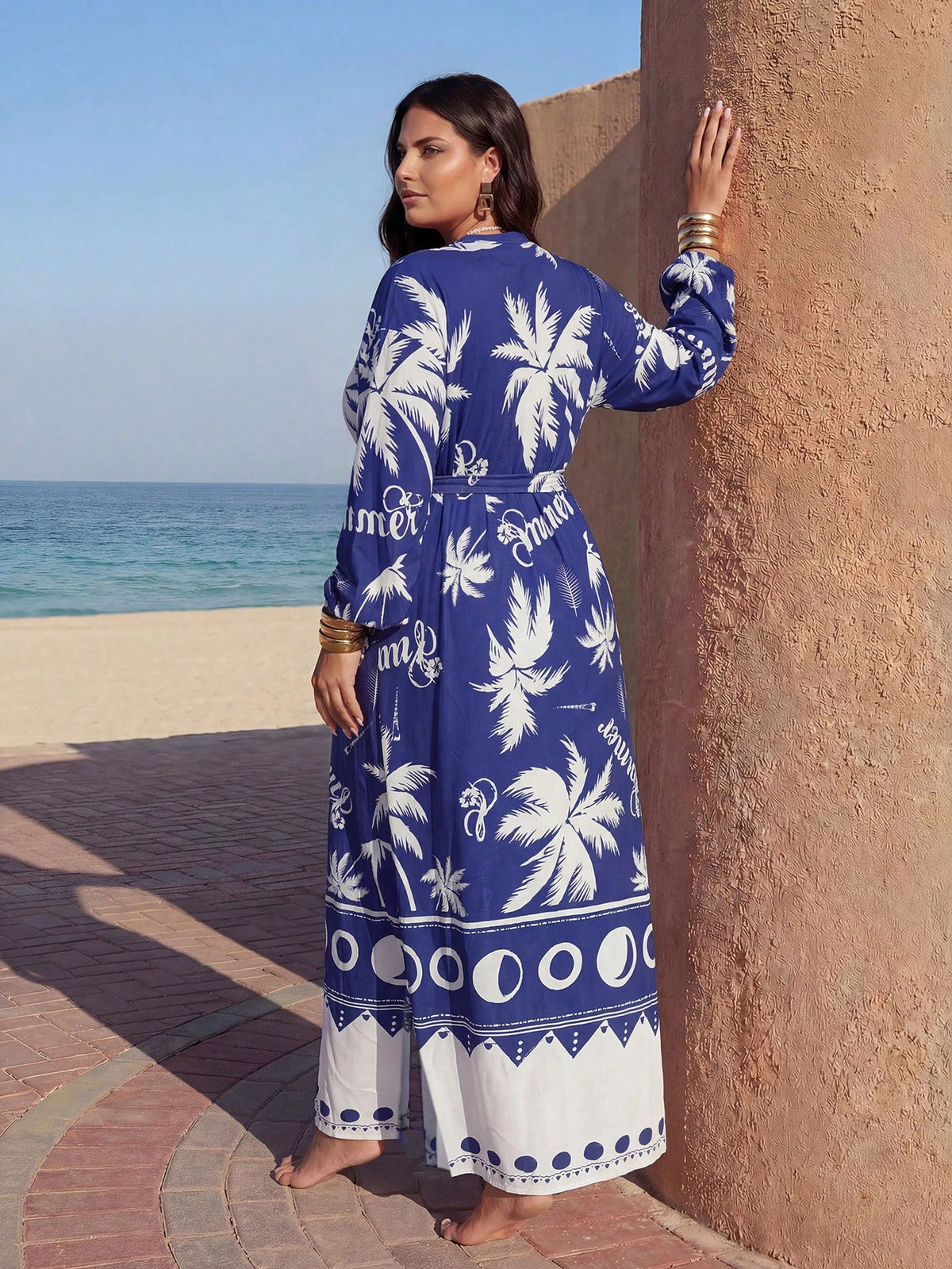 Swim Mulvari Plus Size Women 3-Piece Set, Printed Loose Long Sleeve Slimming Tummy-Covering Solid Color Top With Printed Mesh Cover-Up And Loose Pants, Middle Eastern Conservative Burkini Swimsuit Set
