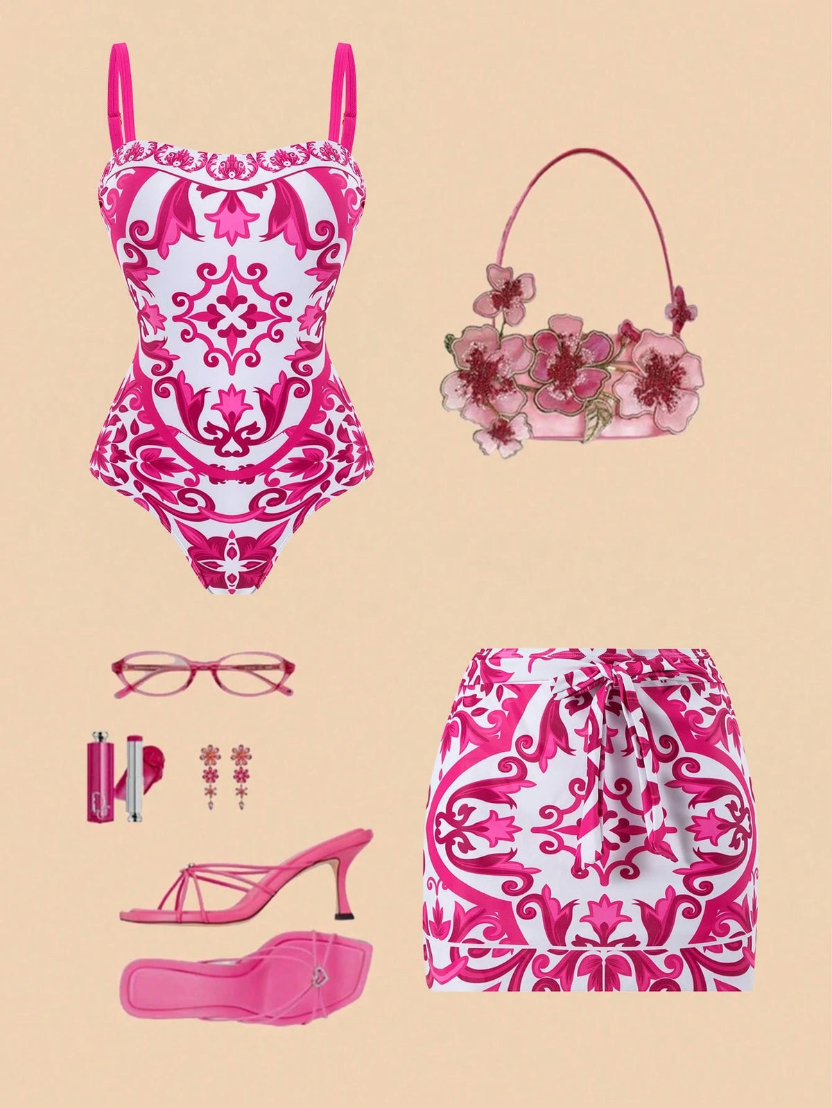 Swim Oasis 2026 New Plus Size Pink & White Print Adjustable Wide Strap Bandeau Side Ruched Waist Regular Leg Opening High Waist Split Skirt Casual Premium Fashion Beach Vacation Women's One-Piece Swim