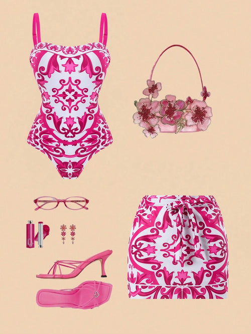 Swim Oasis 2026 New Plus Size Pink & White Print Adjustable Wide Strap Bandeau Side Ruched Waist Regular Leg Opening High Waist Split Skirt Casual Premium Fashion Beach Vacation Women's One-Piece Swim