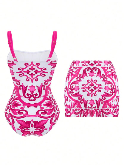 Swim Oasis 2026 New Plus Size Pink & White Print Adjustable Wide Strap Bandeau Side Ruched Waist Regular Leg Opening High Waist Split Skirt Casual Premium Fashion Beach Vacation Women's One-Piece Swim