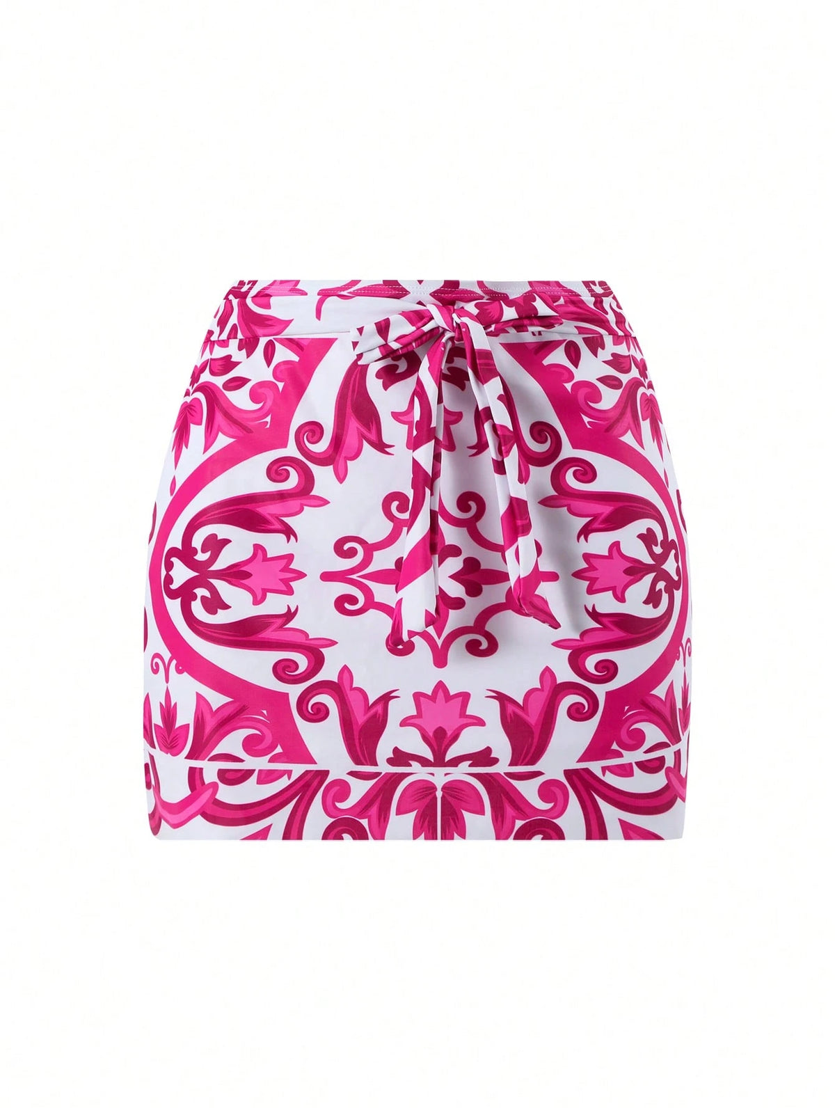 Swim Oasis 2026 New Plus Size Pink & White Print Adjustable Wide Strap Bandeau Side Ruched Waist Regular Leg Opening High Waist Split Skirt Casual Premium Fashion Beach Vacation Women's One-Piece Swim