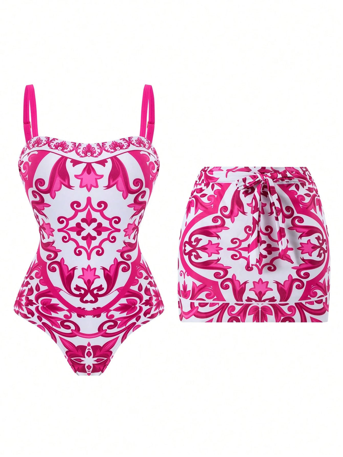 Swim Oasis 2026 New Plus Size Pink & White Print Adjustable Wide Strap Bandeau Side Ruched Waist Regular Leg Opening High Waist Split Skirt Casual Premium Fashion Beach Vacation Women's One-Piece Swim