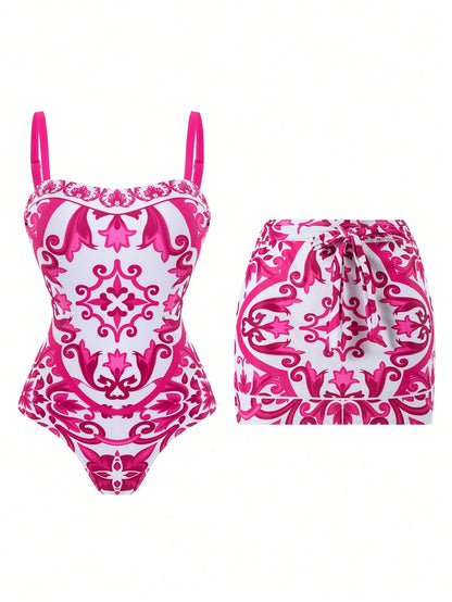 Swim Oasis 2026 New Plus Size Pink & White Print Adjustable Wide Strap Bandeau Side Ruched Waist Regular Leg Opening High Waist Split Skirt Casual Premium Fashion Beach Vacation Women's One-Piece Swim
