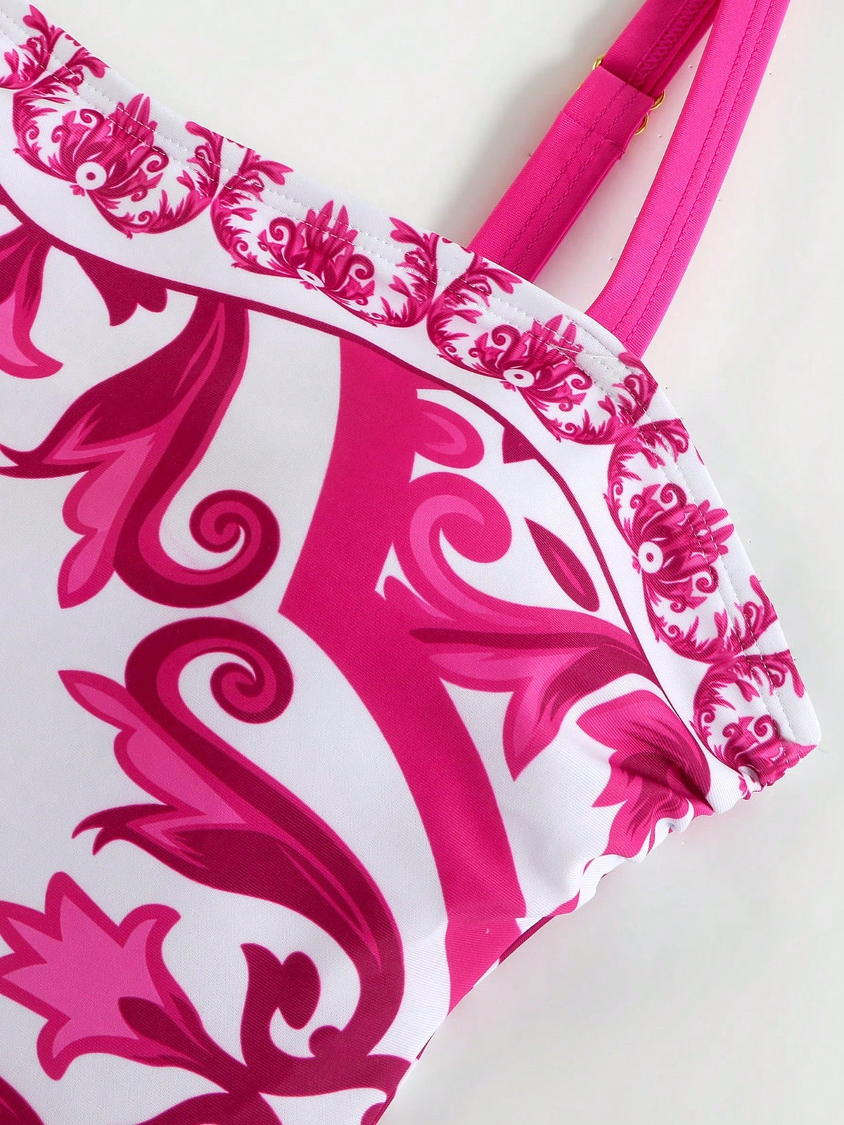Swim Oasis 2026 New Plus Size Pink & White Print Adjustable Wide Strap Bandeau Side Ruched Waist Regular Leg Opening High Waist Split Skirt Casual Premium Fashion Beach Vacation Women's One-Piece Swim