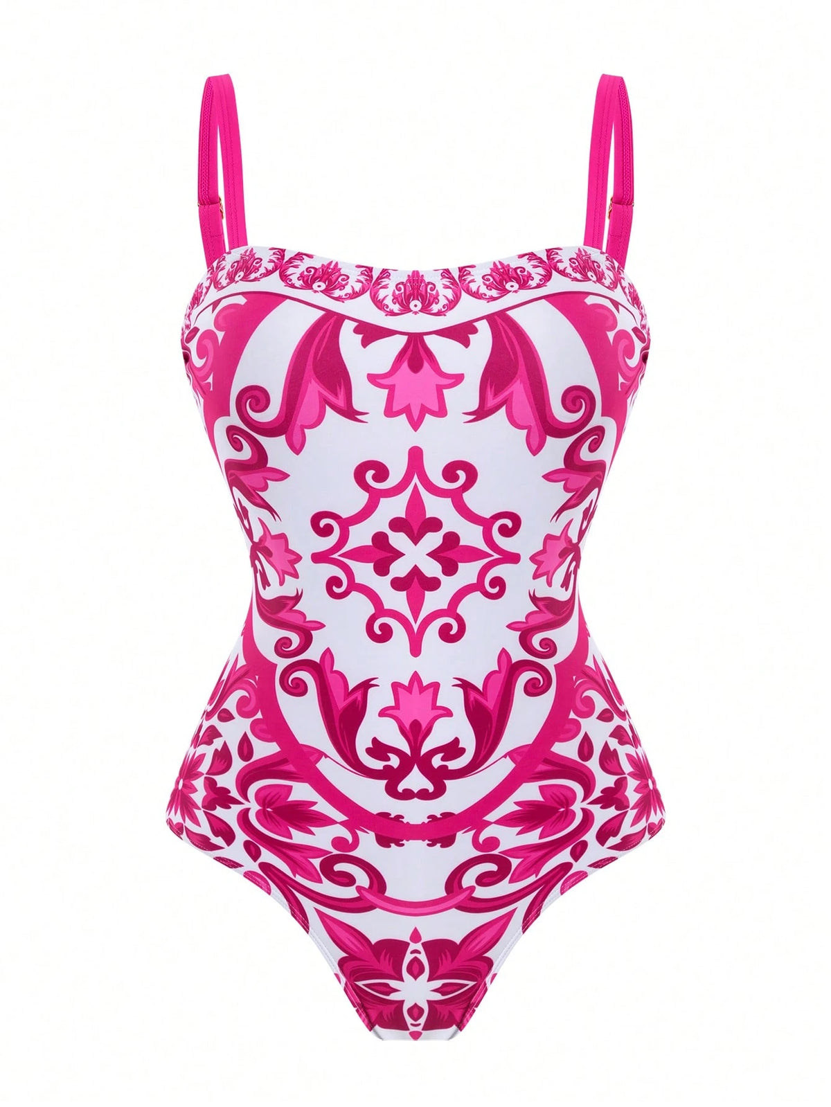Swim Oasis 2026 New Plus Size Pink & White Print Adjustable Wide Strap Bandeau Side Ruched Waist Regular Leg Opening High Waist Split Skirt Casual Premium Fashion Beach Vacation Women's One-Piece Swim