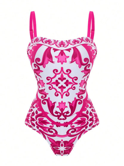 Swim Oasis 2026 New Plus Size Pink & White Print Adjustable Wide Strap Bandeau Side Ruched Waist Regular Leg Opening High Waist Split Skirt Casual Premium Fashion Beach Vacation Women's One-Piece Swim