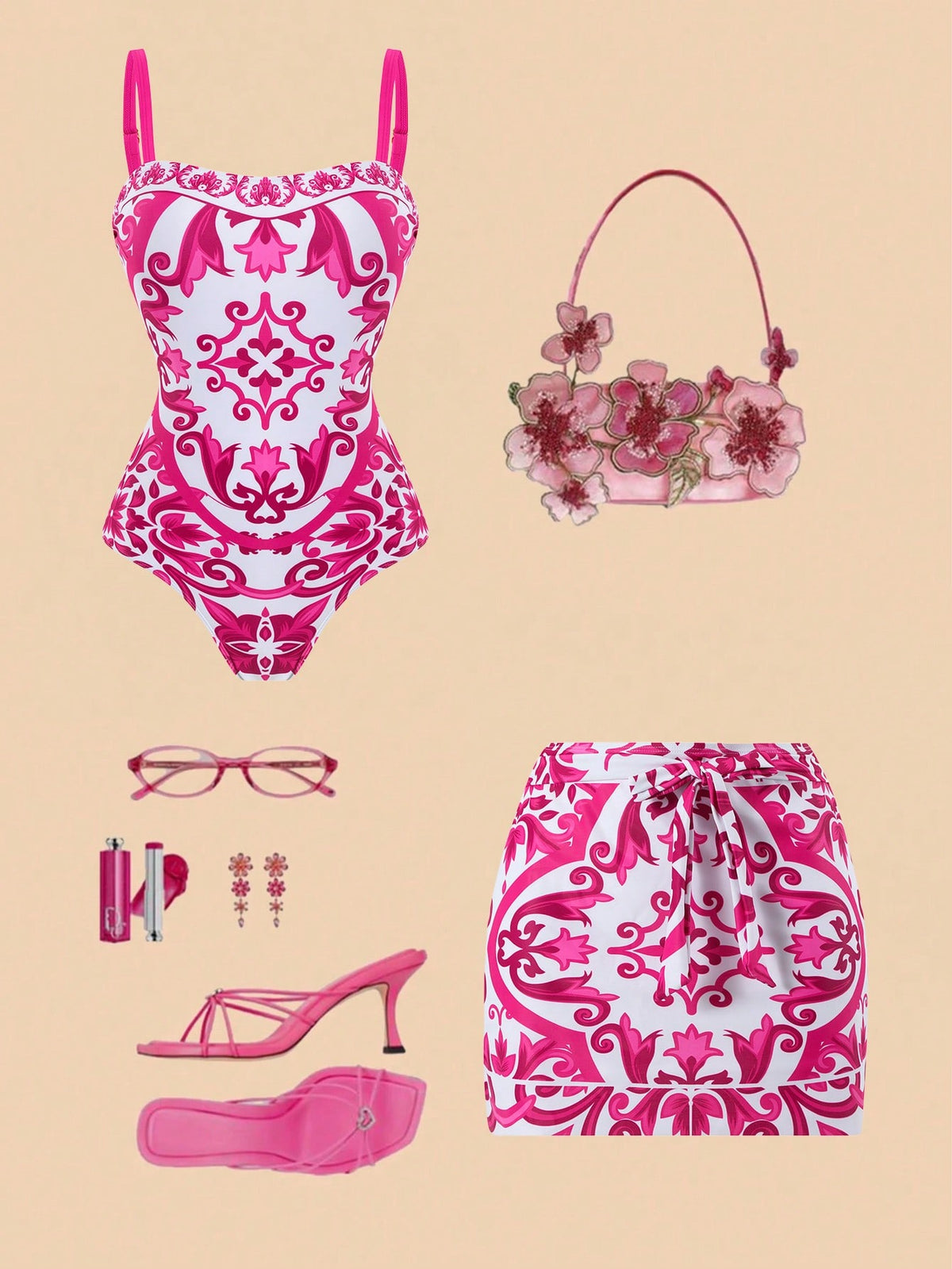 Swim Oasis 2026 New Plus Size Pink & White Print Adjustable Wide Strap Bandeau Side Ruched Waist Regular Leg Opening High Waist Split Skirt Casual Premium Fashion Beach Vacation Women's One-Piece Swim