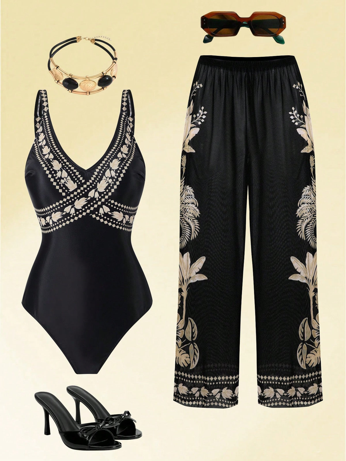 Swim Oasis 2026 New Spring/Summer Plus Size Black One-Piece Printed Matching Printed Mesh Pants Casual Resort Suit