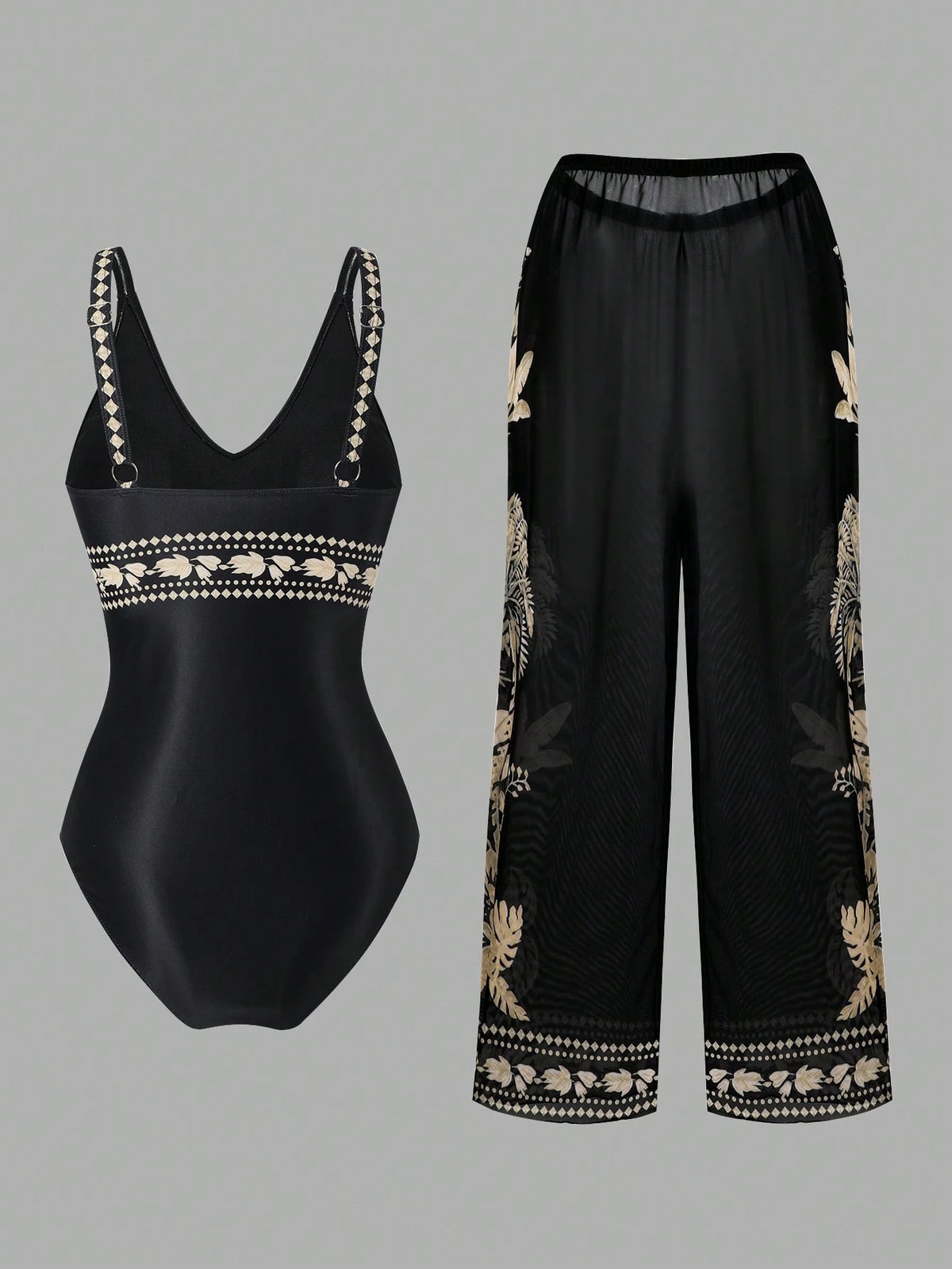 Swim Oasis 2026 New Spring/Summer Plus Size Black One-Piece Printed Matching Printed Mesh Pants Casual Resort Suit