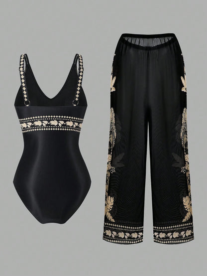 Swim Oasis 2026 New Spring/Summer Plus Size Black One-Piece Printed Matching Printed Mesh Pants Casual Resort Suit