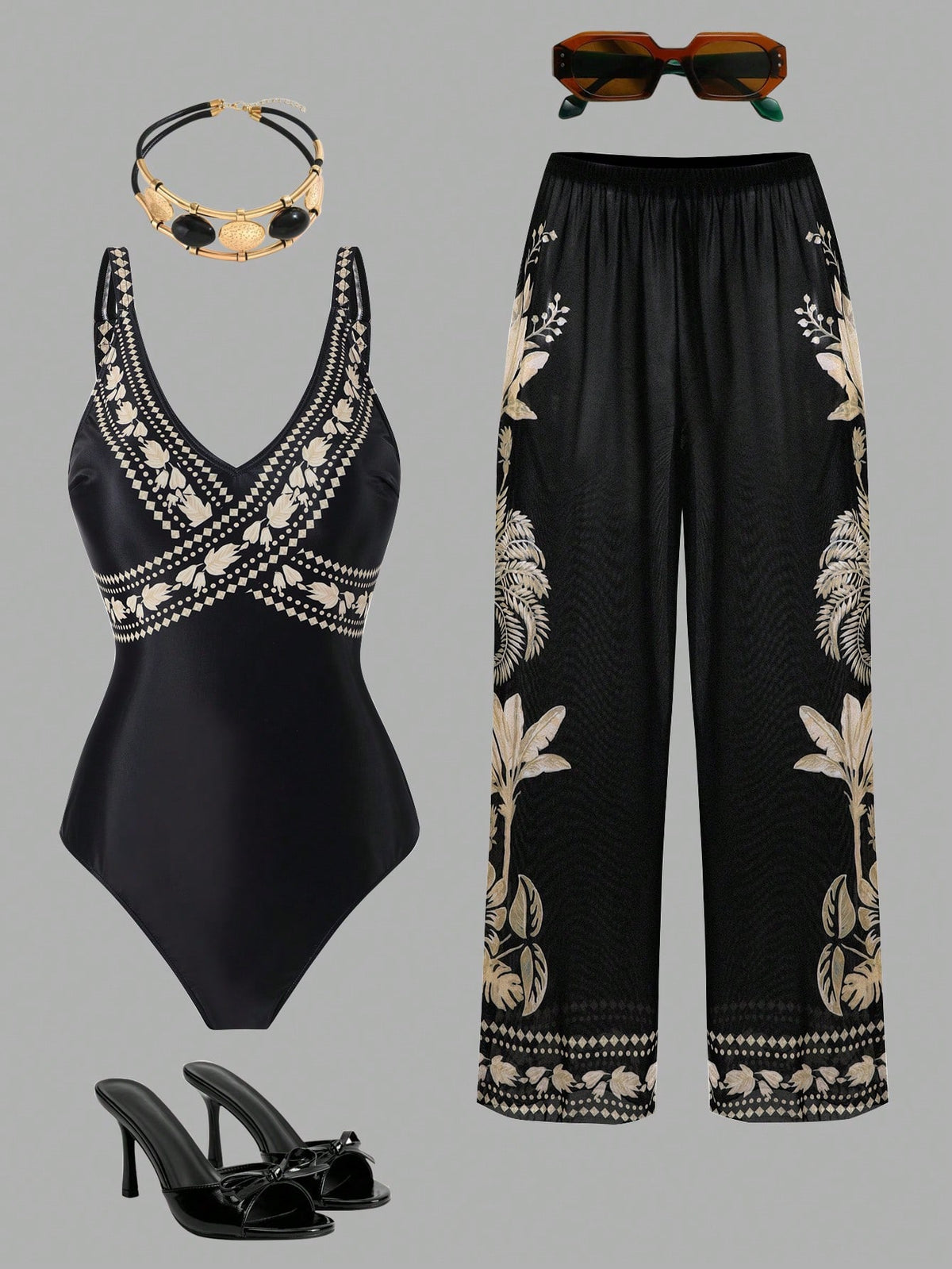 Swim Oasis 2026 New Spring/Summer Plus Size Black One-Piece Printed Matching Printed Mesh Pants Casual Resort Suit