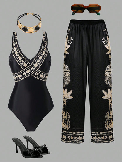 Swim Oasis 2026 New Spring/Summer Plus Size Black One-Piece Printed Matching Printed Mesh Pants Casual Resort Suit