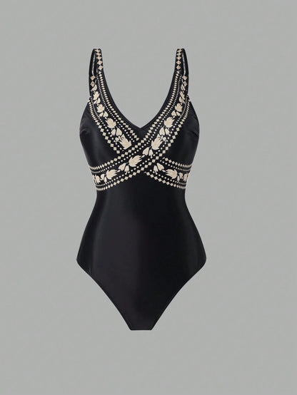 Swim Oasis 2026 New Spring/Summer Plus Size Black One-Piece Printed Matching Printed Mesh Pants Casual Resort Suit