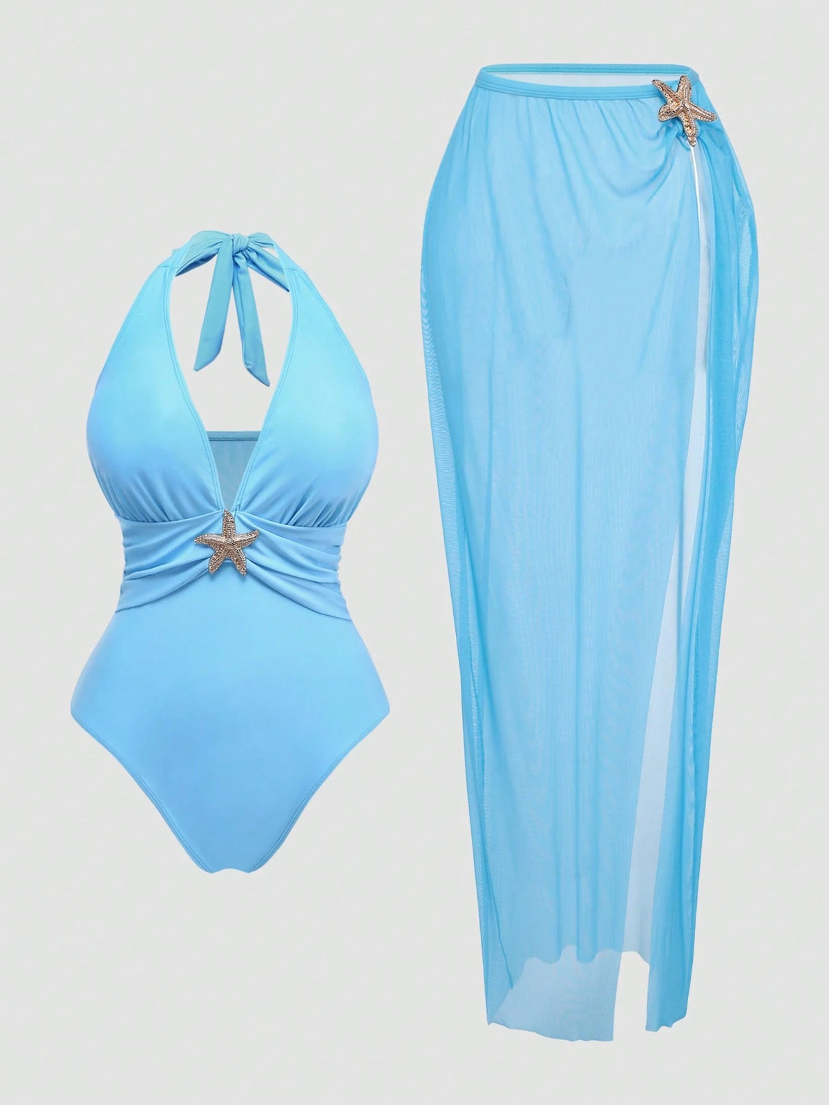 Swim Oasis 2pcs/Set Sky Blue Starfish Halter Bikini Swimsuit, Deep V Plunge Padded Bust Slimming Beach Beach Vacation Holiday Photo Swimwear Summer Elegant