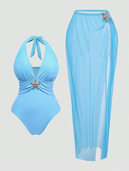 Swim Oasis 2pcs/Set Sky Blue Starfish Halter Bikini Swimsuit, Deep V Plunge Padded Bust Slimming Beach Beach Vacation Holiday Photo Swimwear Summer Elegant