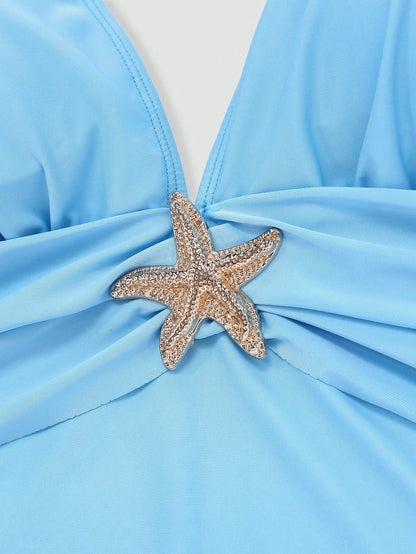 Swim Oasis 2pcs/Set Sky Blue Starfish Halter Bikini Swimsuit, Deep V Plunge Padded Bust Slimming Beach Beach Vacation Holiday Photo Swimwear Summer Elegant