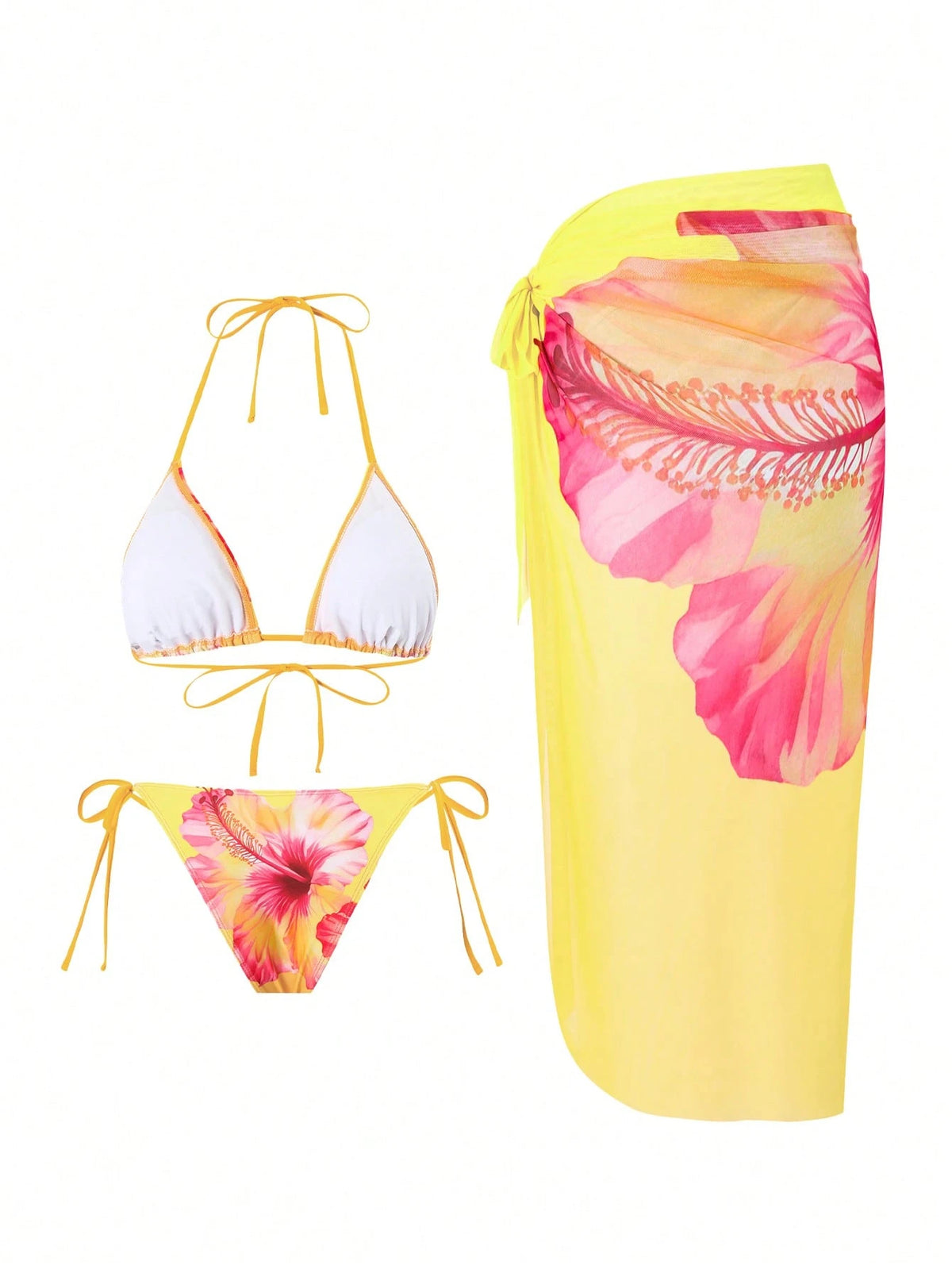 Swim Oasis 3pcs Women Summer Beach Vacation Casual Style 3D Floral Print Bikini Set With Mesh Twist Beachside Dress, Bohemian Style Swimwear