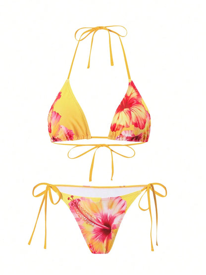 Swim Oasis 3pcs Women Summer Beach Vacation Casual Style 3D Floral Print Bikini Set With Mesh Twist Beachside Dress, Bohemian Style Swimwear