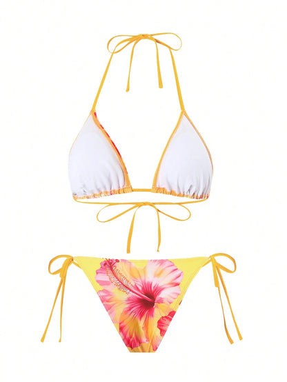 Swim Oasis 3pcs Women Summer Beach Vacation Casual Style 3D Floral Print Bikini Set With Mesh Twist Beachside Dress, Bohemian Style Swimwear
