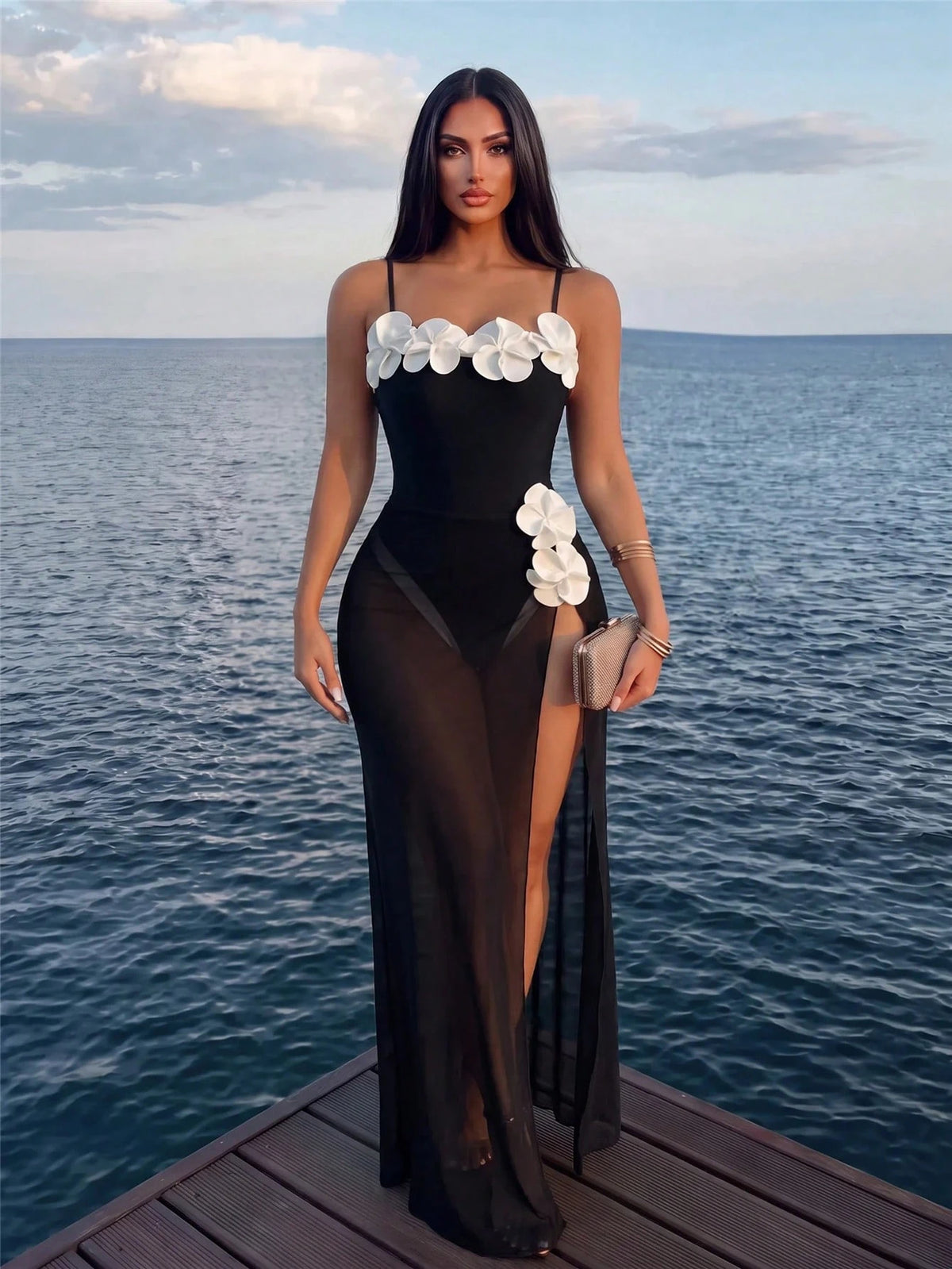 Swim Oasis Fashionable High-End Elegant One-Piece Floral Swimsuit With Matching Beach Cover-Up Dress, Suitable For Spring/Summer Beach Vacation