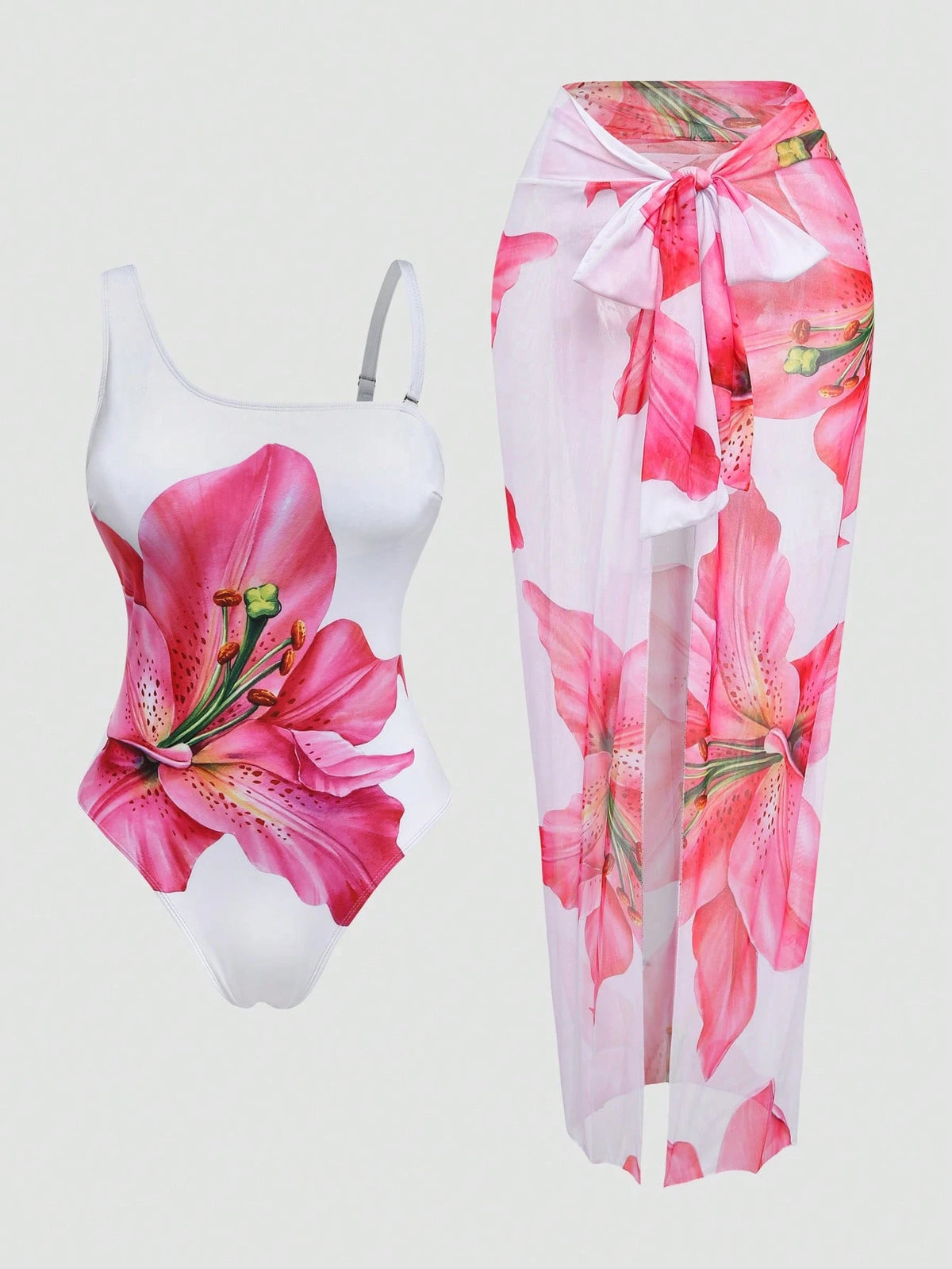 Swim Oasis Plus Size 2-Piece Swimsuit Set For Women, Elegant White Lily Flower Print One-Piece With Detachable Straps, Matching Sarong Skirt, Summer Vacation
