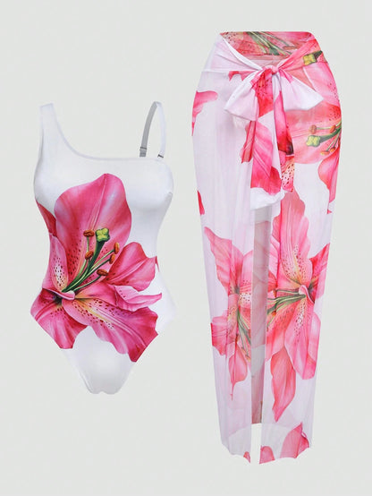 Swim Oasis Plus Size 2-Piece Swimsuit Set For Women, Elegant White Lily Flower Print One-Piece With Detachable Straps, Matching Sarong Skirt, Summer Vacation