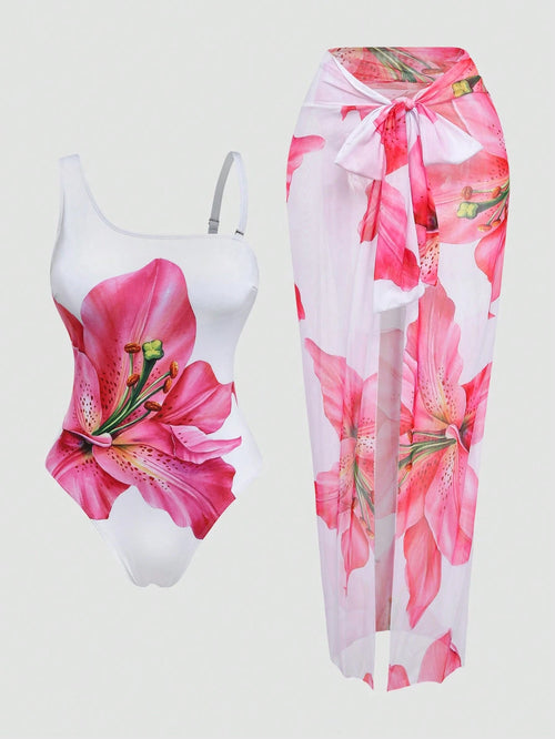 Swim Oasis Plus Size 2-Piece Swimsuit Set For Women, Elegant White Lily Flower Print One-Piece With Detachable Straps, Matching Sarong Skirt, Summer Vacation