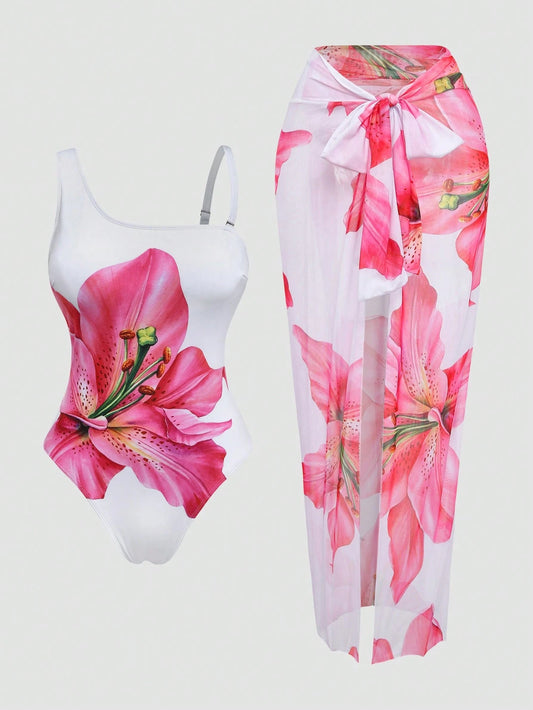Swim Oasis Plus Size 2-Piece Swimsuit Set For Women, Elegant White Lily Flower Print One-Piece With Detachable Straps, Matching Sarong Skirt, Summer Vacation