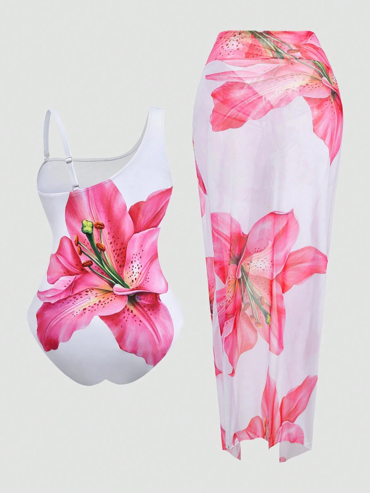 Swim Oasis Plus Size 2-Piece Swimsuit Set For Women, Elegant White Lily Flower Print One-Piece With Detachable Straps, Matching Sarong Skirt, Summer Vacation