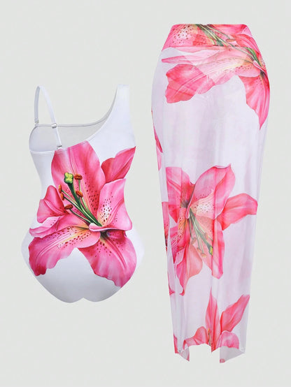 Swim Oasis Plus Size 2-Piece Swimsuit Set For Women, Elegant White Lily Flower Print One-Piece With Detachable Straps, Matching Sarong Skirt, Summer Vacation