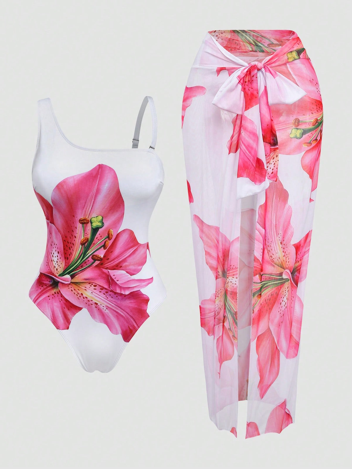 Swim Oasis Plus Size 2-Piece Swimsuit Set For Women, Elegant White Lily Flower Print One-Piece With Detachable Straps, Matching Sarong Skirt, Summer Vacation
